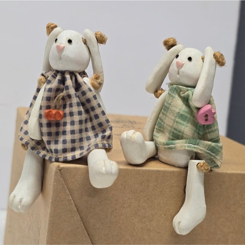 VTG Russ Cutest Jointed Bunny Rabbit Mini Figurine Plaid Dresses Easter Decor